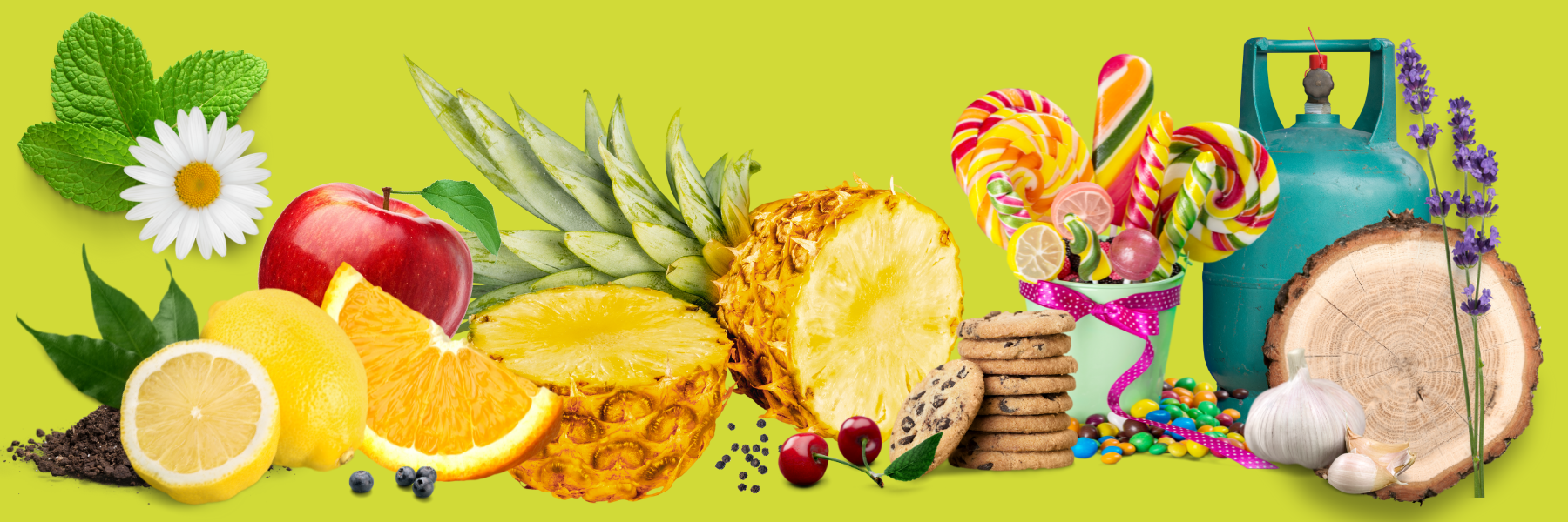 Collage verschiedener Aromaträger, wie Ananas, Kirsche, Holz, Kekse