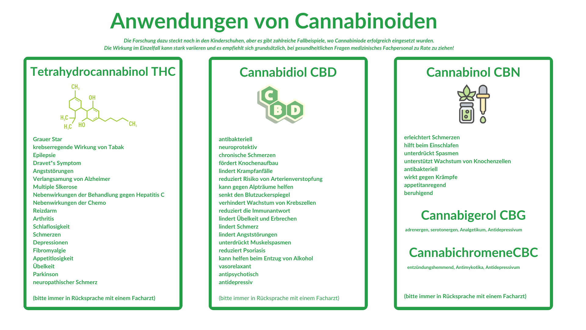 Infografik über Cannabiniode und wie man sie verwenden kann